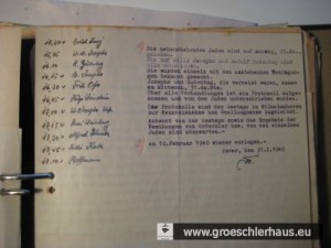Protokoll mit den abgehakten Terminen der auf das Rathaus am 29. Jan. 1940 geladenen Juden, abgezeichnet von Bürgermeister Folkerts.