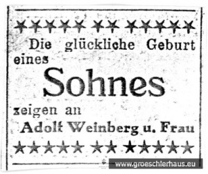 Geburtsanzeige für Wolf Weinberg (1933 Jever – 1943 Auschwitz), Jeversches Wochenblatt v. 26. Jan. 1933