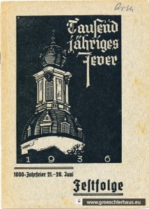 Das Programmheft zur Festwoche „1000jähriges Jever“ zeigt auf dem Titelblatt den jeverschen Schlossturm als Wahrzeichen der Stadt (Schnitt; D. Lange, Archiv Schlossbibibliothek)