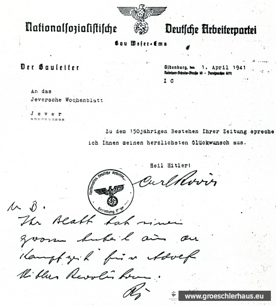 Gratulationsbrief zum 150jährigen Bestehen des „Jeverschen Wochenblatts“ vom Gauleiter Weser-Ems Carl Röver (JW 5.5.1941)
