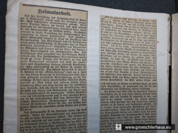 Der Grundsatzartikel „Heimatarbeit“ von Friedrich Lange eröffnet das Protokollbuch des „Heimatvereins“ von 1920 (JW Sept. 1920; Schlossarchiv Jever)