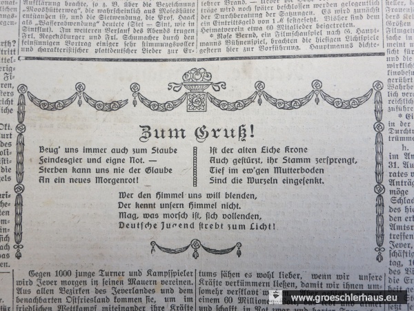 Ein anlässlich eines regionalen „Turnfestes“ veröffentlichtes revanchistisches Gedicht: „Mag, was morsch ist, sich vollenden, Deutsche Jugend strebt zum Licht!“ (JW 18.9.1920)