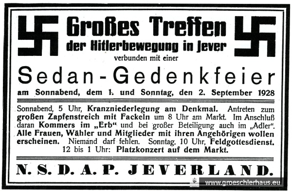 Anzeige zum „Sedanstreffen“ der NSDAP des Oldenburger Landes im September 1928, das den Beginn der Kampagnen im Jeverland markiert (JW 28.9.1928)