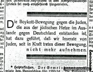 Ablehnung der Anzeigen jüdischer Geschäftleute. Das Insert erschien auch im „Anzeiger für Harlingerland“ (JW 3.4.1933)