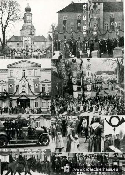 Collage vom „Tag der Nationalen Arbeit“ 1937 aus dem im Verlag Mettcker erschienenen „Historien-Kalender 1938“. Vergleichbare Fotos brachte das „Jeversche Wochenblatt“ recht häufig.