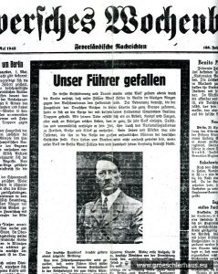 Eine der letzten Ausgaben des „Jeverschen Wochenblatts“ vor ihrem Verbot durch die Alliierten (JW 2.5.1945)
