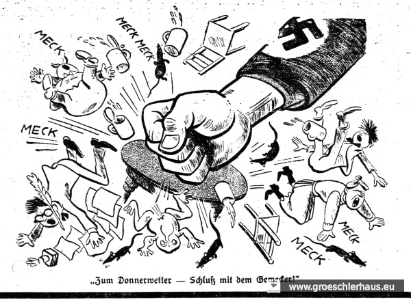 Das „Jeversche Wochenblatt“ stellte sich mit eigenen Artikeln und dieser übernommenen Karikatur in den Dienst der Kampagne gegen die „Meckerer“ (JW 26.5.1934)