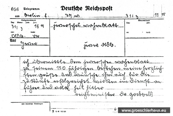 Glückwunschtelegramm von Goebbels zum 150jährigen Bestehen des „Jeverschen Wochenblatts“ (JW 5.5.1941)