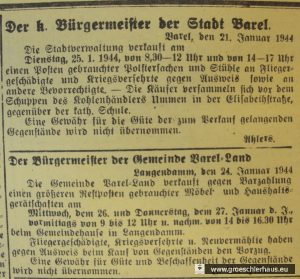 Abb.: Ankündigung von drei Verkaufsveranstaltungen in der Stadt Varel und der Gemeinde Varel-Land zwischen dem 25. und 27. Januar 1944, Anzeige in „Der Gemeinnützige“, 24. Januar 1944. Repro: Holger Frerichs.